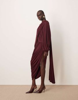 ARRANGE ARRANGE fallen shoulder draped midi dress with train back in burgundy-Red