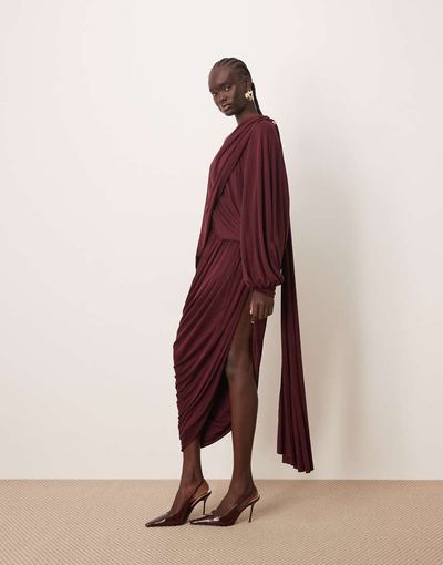 ARRANGE ARRANGE fallen shoulder draped midi dress with train back in burgundy-Red
