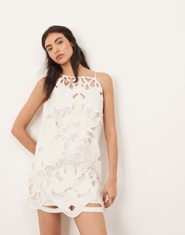 ARRANGE ARRANGE floral cutwork halterneck mini dress with contrast stitch in white