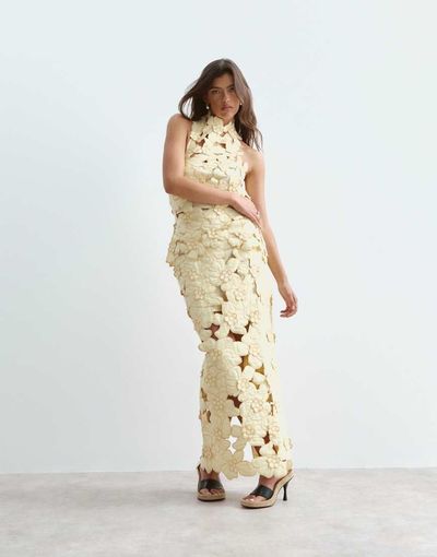 ARRANGE ARRANGE floral embroidered linen cutwork midi skirt in buttermilk - part of a set-Yellow