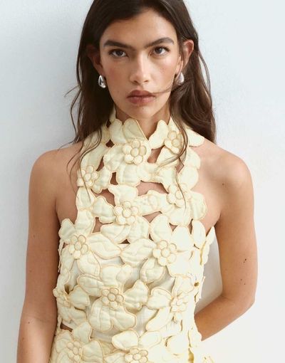 ARRANGE ARRANGE floral embroidered linen look cutwork halterneck top in buttermilk - part of a set-Yellow