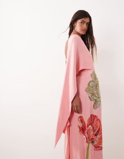 ARRANGE ARRANGE floral embroidered satin overlay maxi dress in pink