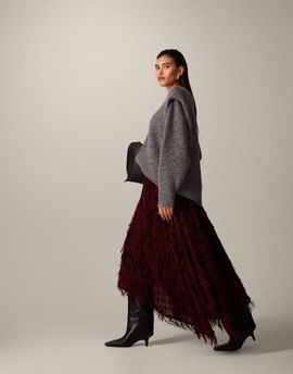 ARRANGE ARRANGE fringe texture asymmetric maxi skirt in oxblood-Red