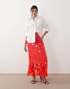 ARRANGE ARRANGE futurist sequined fringe hem midi skirt in tomato-Orange