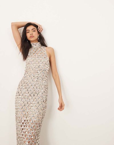 ARRANGE ARRANGE geo cut work embellished high neck column midaxi dress in silver