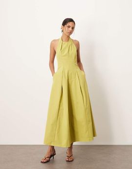 ARRANGE ARRANGE halter wrap seam structured maxi dress in chartreuse-Green
