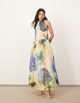 ARRANGE ARRANGE halterneck maxi dress with tie neck detail in oversized floral print-Multi
