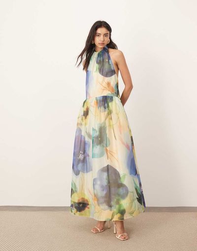 ARRANGE ARRANGE halterneck maxi dress with tie neck detail in oversized floral print-Multi