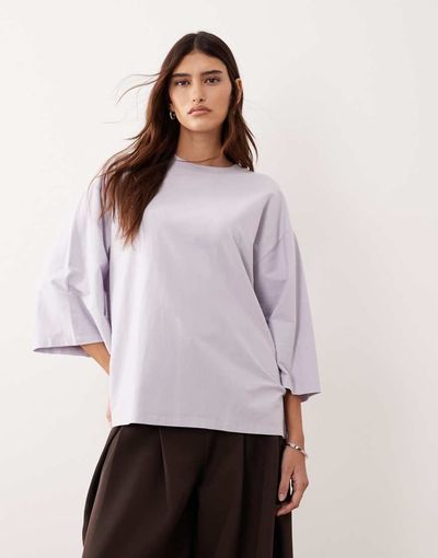ARRANGE ARRANGE heavy weight boxy 3/4 sleeve T-shirt in soft lilac-Purple