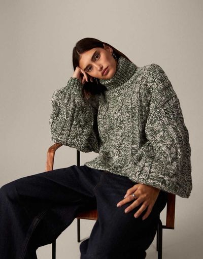 ARRANGE ARRANGE high neck twisted yarn cable sweater in green and cream