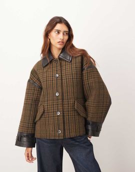 ARRANGE ARRANGE houndstooth brushed wool blend coat with leather detailing in brown
