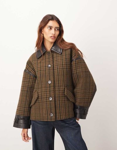 ARRANGE ARRANGE houndstooth brushed wool blend coat with leather detailing in brown