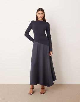 ARRANGE ARRANGE hybrid knit maxi dress with asymmetric skirt in navy