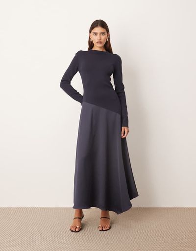 ARRANGE ARRANGE hybrid knit maxi dress with asymmetric skirt in navy