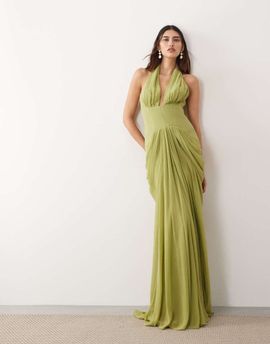 ARRANGE ARRANGE hybrid plunge halter neck cinched waist maxi dress with train in green