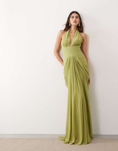 ARRANGE ARRANGE hybrid plunge halter neck cinched waist maxi dress with train in green