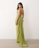 ARRANGE ARRANGE hybrid plunge halter neck cinched waist maxi dress with train in green - 3