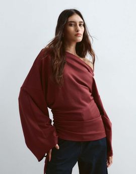 ARRANGE ARRANGE jersey off shoulder wide sleeve top with ruched hem in burgundy-Red