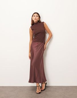 ARRANGE ARRANGE knit dropped waist midi dress with satin skirt in chocolate-Brown