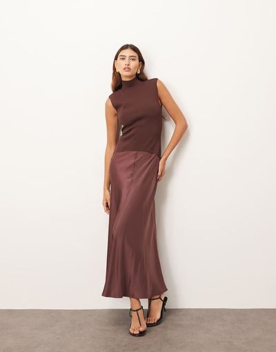 ARRANGE ARRANGE knit dropped waist midi dress with satin skirt in chocolate-Brown