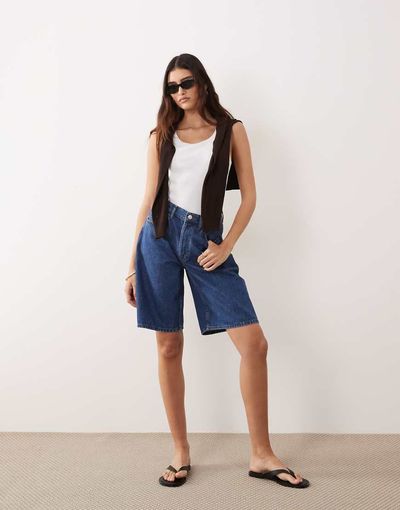 ARRANGE ARRANGE loose fit longline Bermuda shorts in mid wash blue