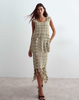 ARRANGE ARRANGE metallic circle fringe column midi dress in gold