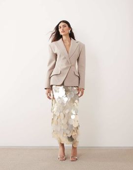 ARRANGE ARRANGE mirror paillette column maxi skirt in silver