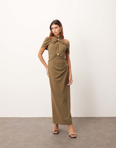 ARRANGE ARRANGE off the shoulder halter maxi dress with gold-tone hardware in olive-Green