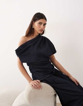 ARRANGE ARRANGE off the shoulder pleated waist denim top in indigo - part of a set-Blue