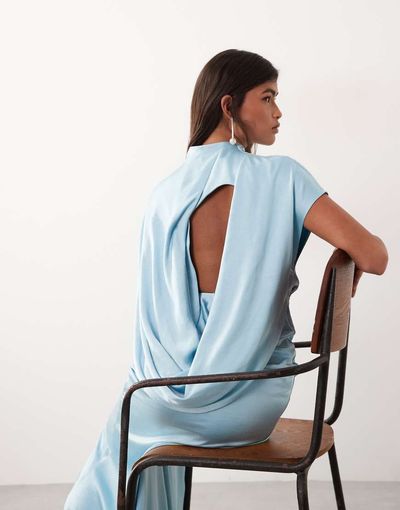 ARRANGE ARRANGE open cowl back minimalist column maxi dress in pale blue