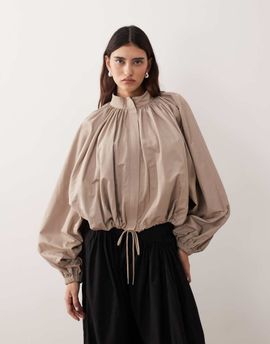 ARRANGE ARRANGE oversized bomber jacket with balloon sleeves in stone-Brown