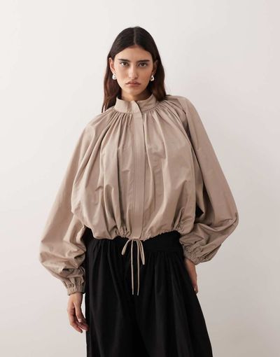 ARRANGE ARRANGE oversized bomber jacket with balloon sleeves in stone-Brown