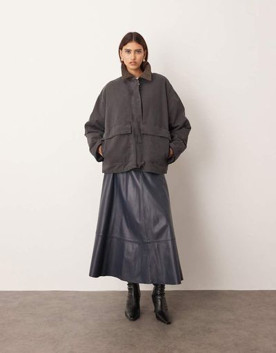 ARRANGE ARRANGE oversized canvas barn jacket with corduroy collar detail in gray