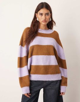 ARRANGE ARRANGE oversized crew neck striped knit sweater in lilac and brown-Multi