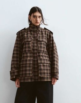 ARRANGE ARRANGE oversized funnel neck cargo jacket in chocolate plaid-Multi