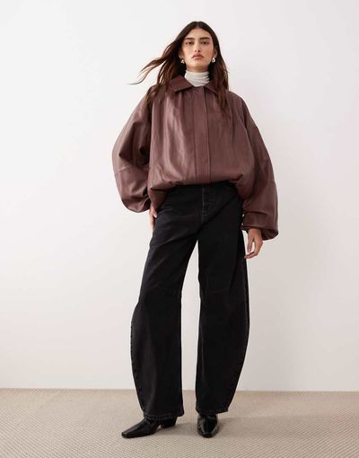 ARRANGE ARRANGE oversized leather bomber coat with balloon sleeve in brown