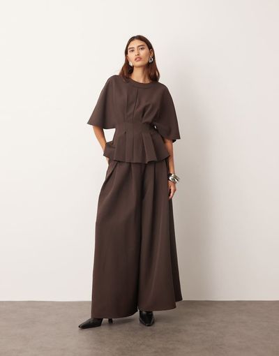 ARRANGE ARRANGE pleat waist tailored wide leg pants in deep chocolate - part of a set-Brown