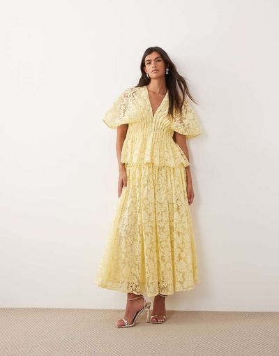 ARRANGE ARRANGE pleated waist embroidered midaxi skirt in yellow - part of a set