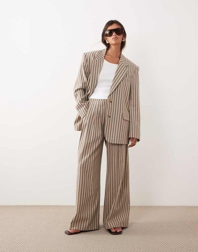 ARRANGE ARRANGE pleated wide leg pants in chocolate stripes - part of a set-Neutral