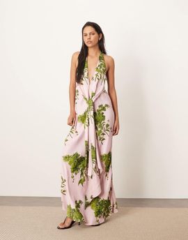 ARRANGE ARRANGE plunge cowl maxi dress with tie detail in floral print-Multi