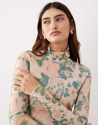 ARRANGE ARRANGE premium mesh abstract floral printed high neck long sleeve top in pink-Multi