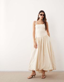 ARRANGE ARRANGE premium waisted dress with puffball hem in ecru-White