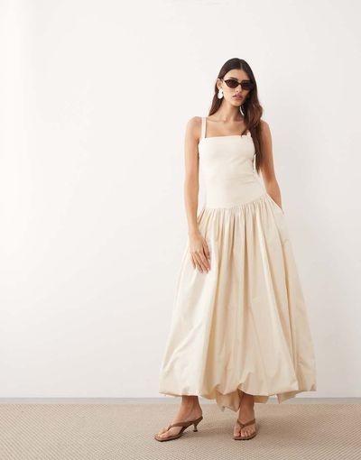 ARRANGE ARRANGE premium waisted dress with puffball hem in ecru-White
