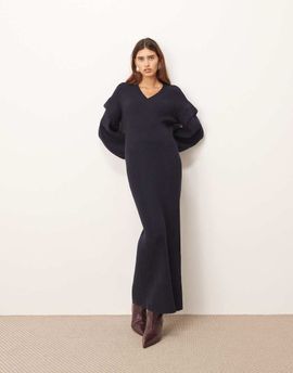 ARRANGE ARRANGE rib knit v neck maxi dress with shoulder detailing in navy