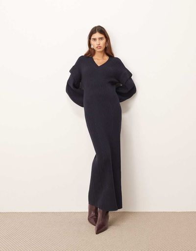ARRANGE ARRANGE rib knit v neck maxi dress with shoulder detailing in navy
