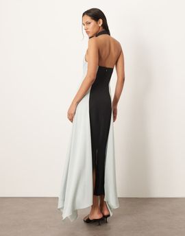 ARRANGE ARRANGE satin contrast back halter square cut maxi dress in ice blue and black