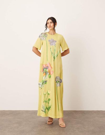 ARRANGE ARRANGE satin floral embroidered T-shirt maxi dress in lime-Green