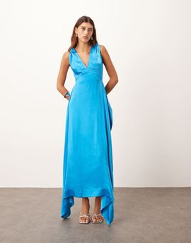ARRANGE ARRANGE satin square cut maxi dress with twist shoulders in azure blue