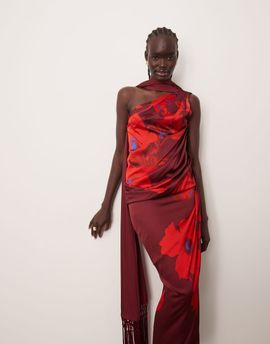 ARRANGE ARRANGE scarf neck draped midi dress with low back in large bloom floral-Multi