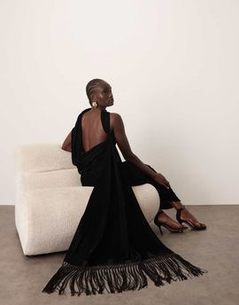 ARRANGE ARRANGE scarf neck draped velvet maxi dress with low back and train in black